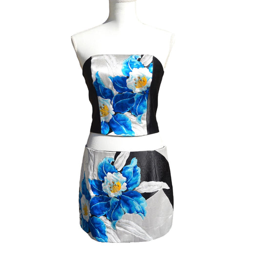 Corset and Mini Skirt Set upcycled from Vintage Japanese Kimono Obi  "Blue poppies"