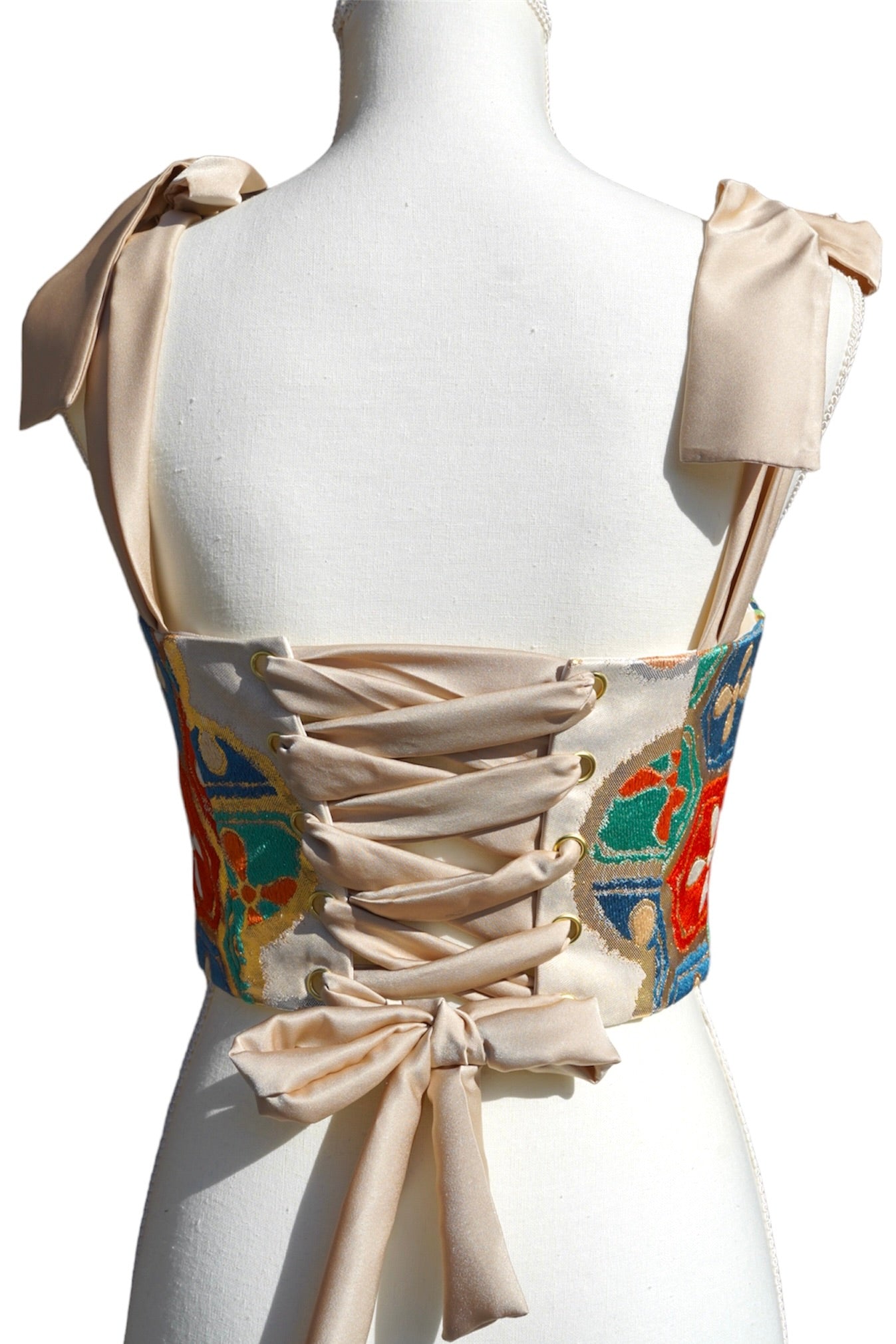 Corset upcycled from Vintage Japanese Kimono Obi belt "Orange Hana"