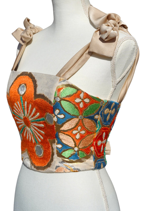 Corset upcycled from Vintage Japanese Kimono Obi belt "Orange Hana"