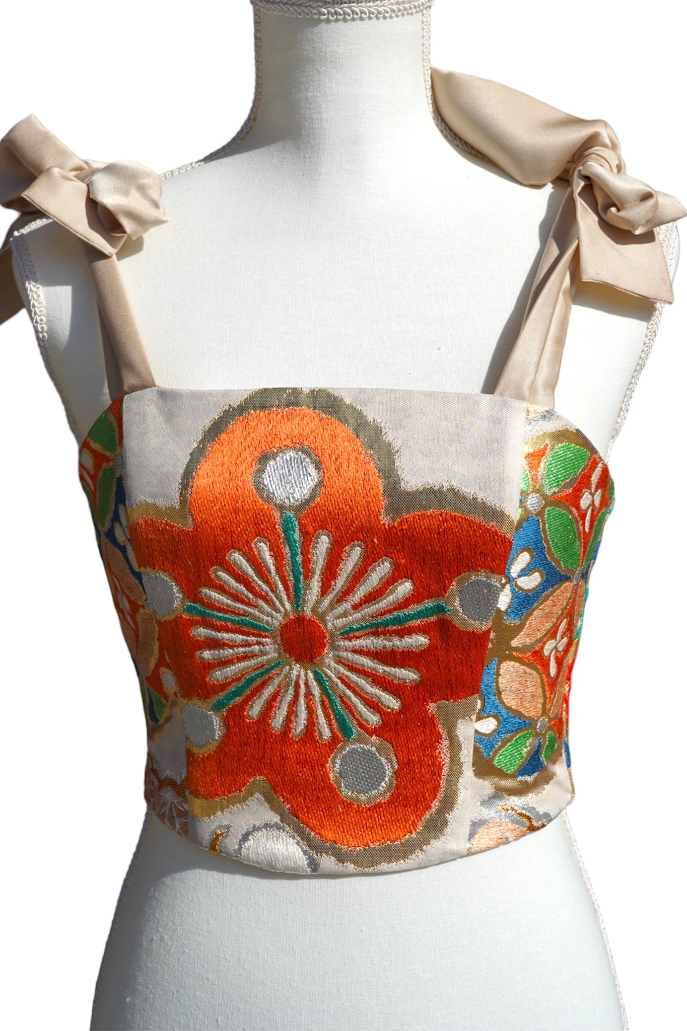 Corset upcycled from Vintage Japanese Kimono Obi belt "Orange Hana"