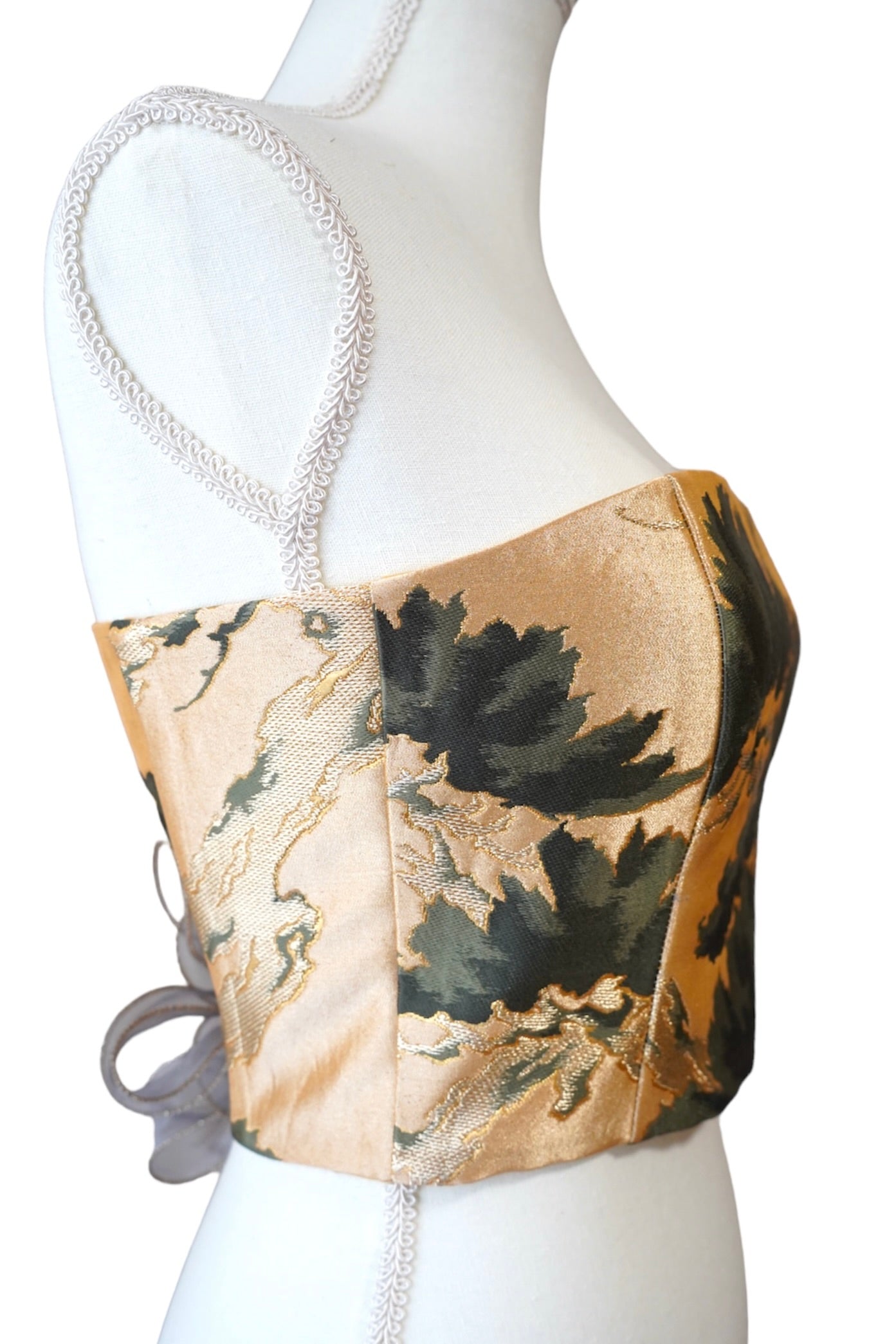 Corset upcycled from Vintage Japanese Kimono Obi belt "Gold and green leaves"