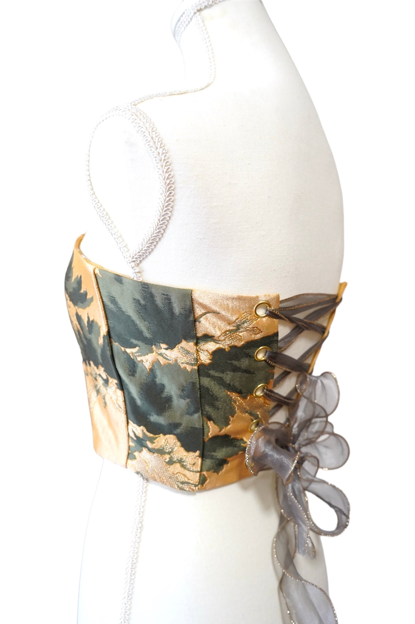 Corset upcycled from Vintage Japanese Kimono Obi belt "Gold and green leaves"