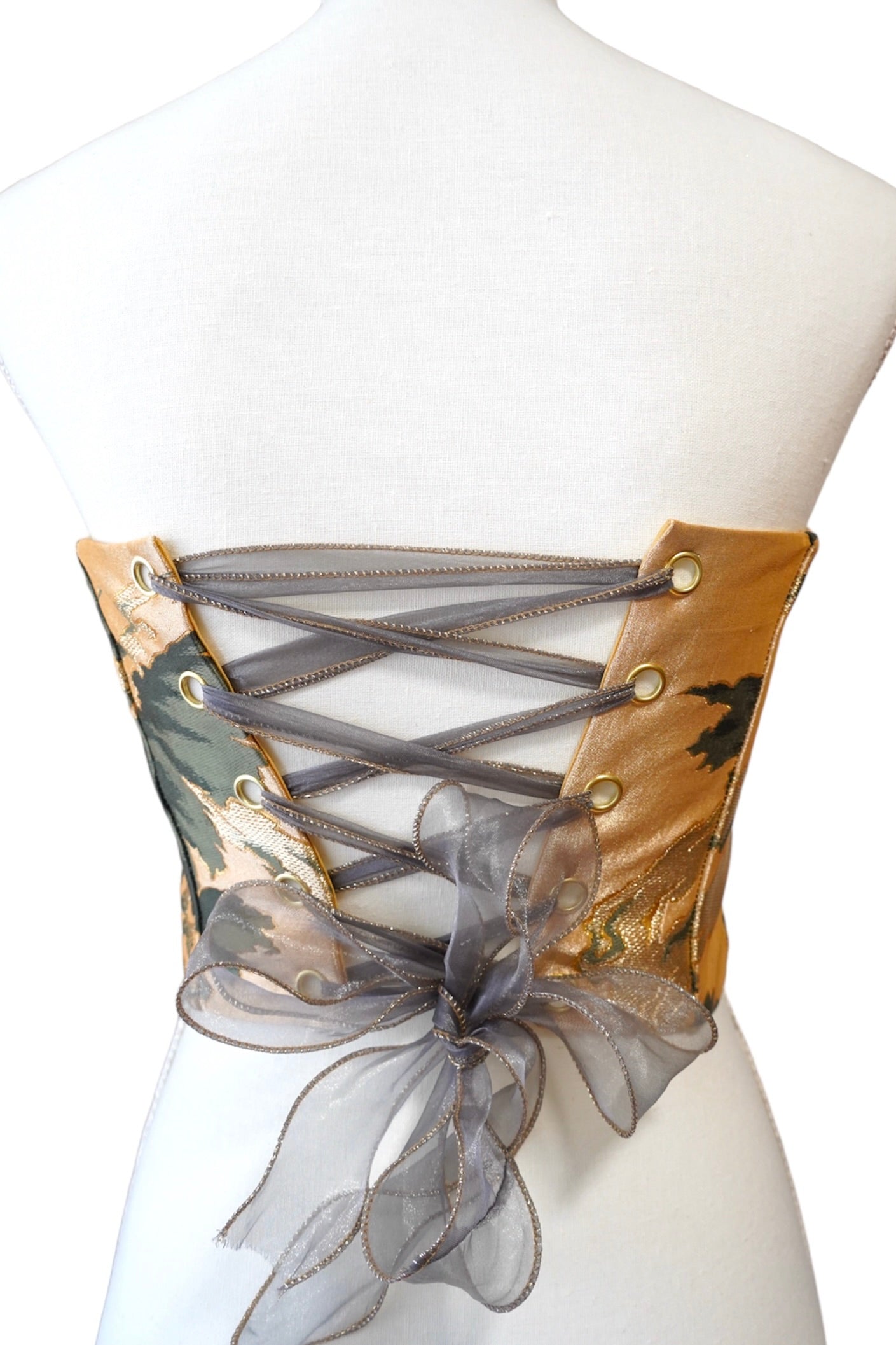 Corset upcycled from Vintage Japanese Kimono Obi belt "Gold and green leaves"