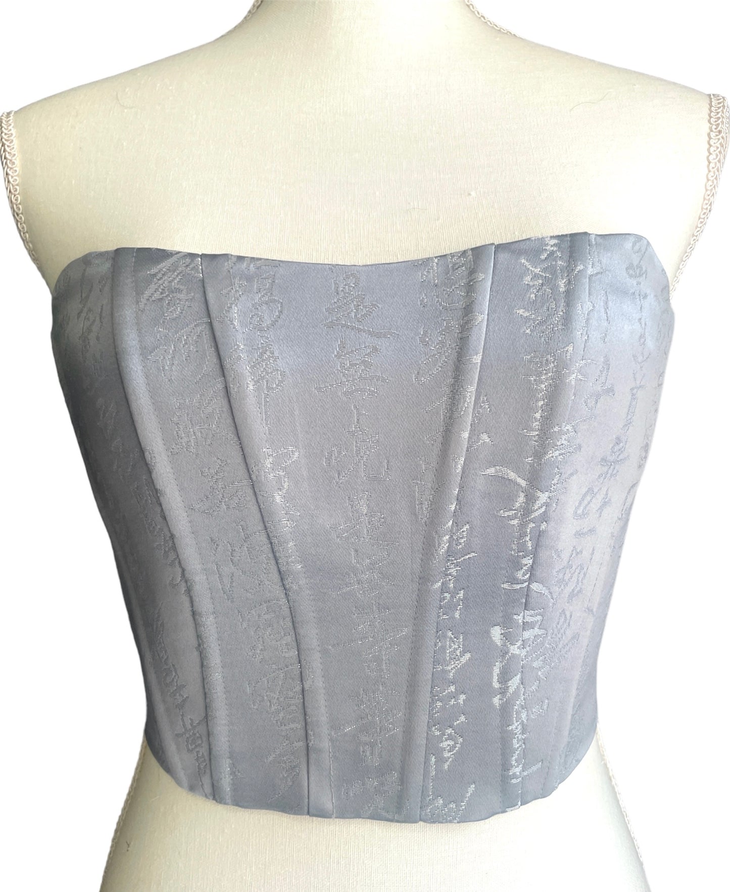 Upcycled Kimono Obi Corset - "Silver Kanji tattoos"