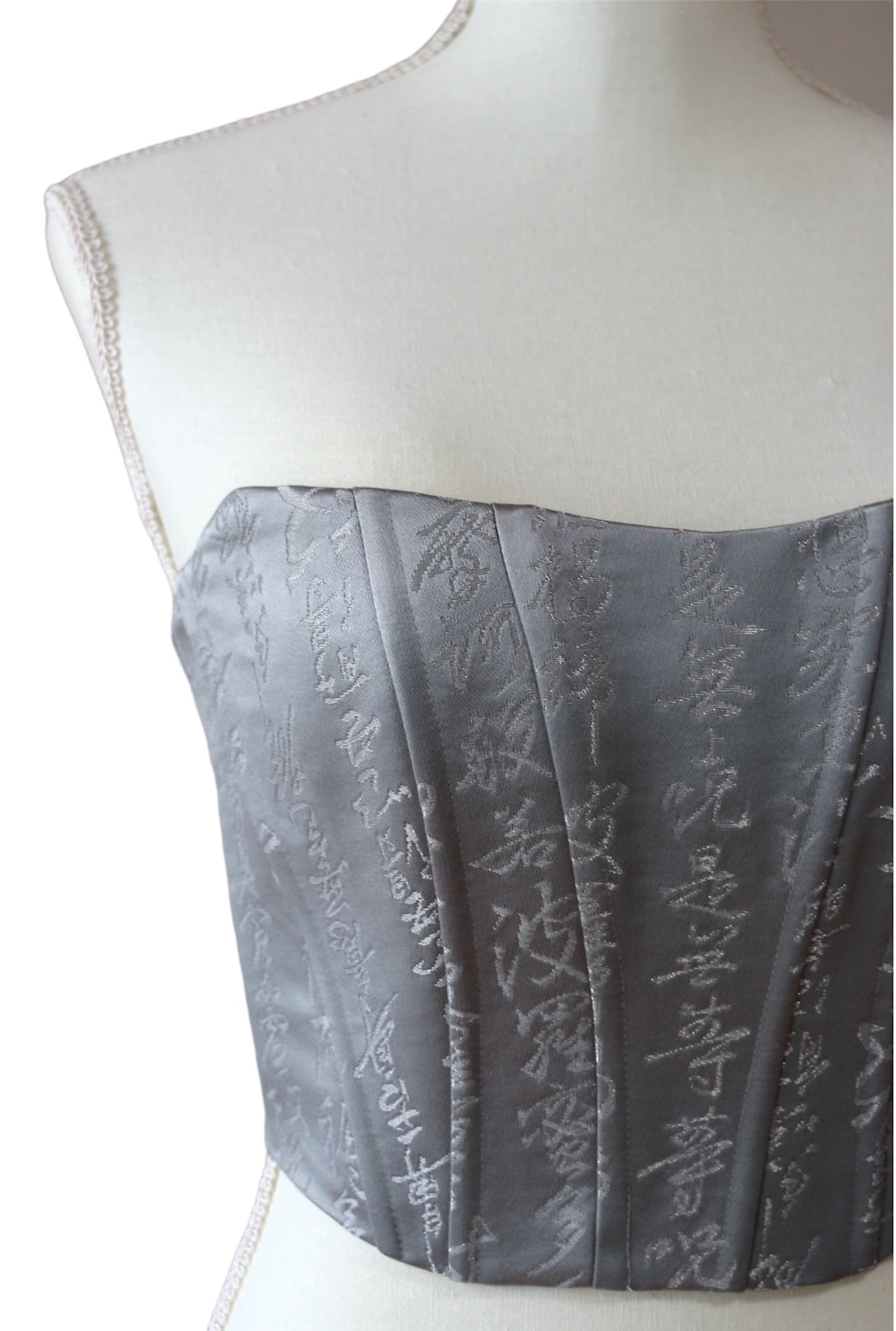 Upcycled Kimono Obi Corset - "Silver Kanji tattoos"