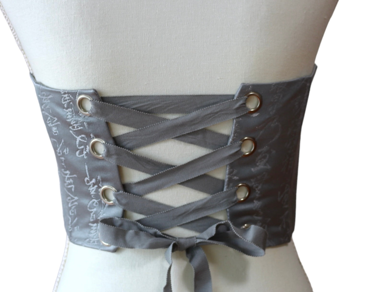 Upcycled Kimono Obi Corset - "Silver Kanji tattoos"