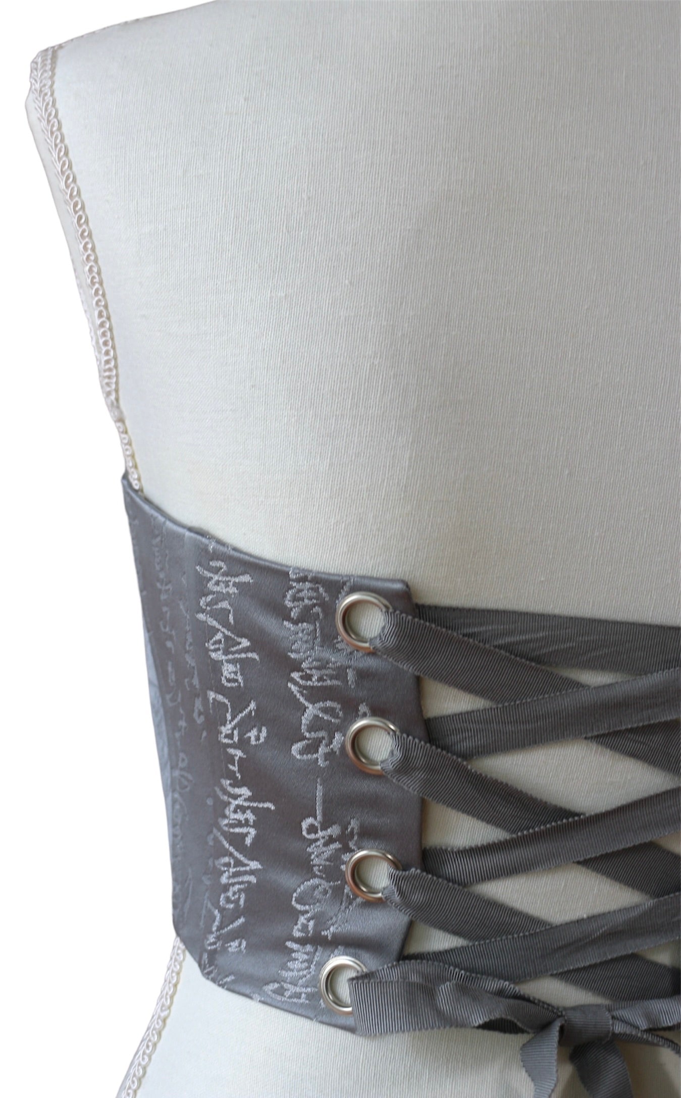 Upcycled Kimono Obi Corset - "Silver Kanji tattoos"