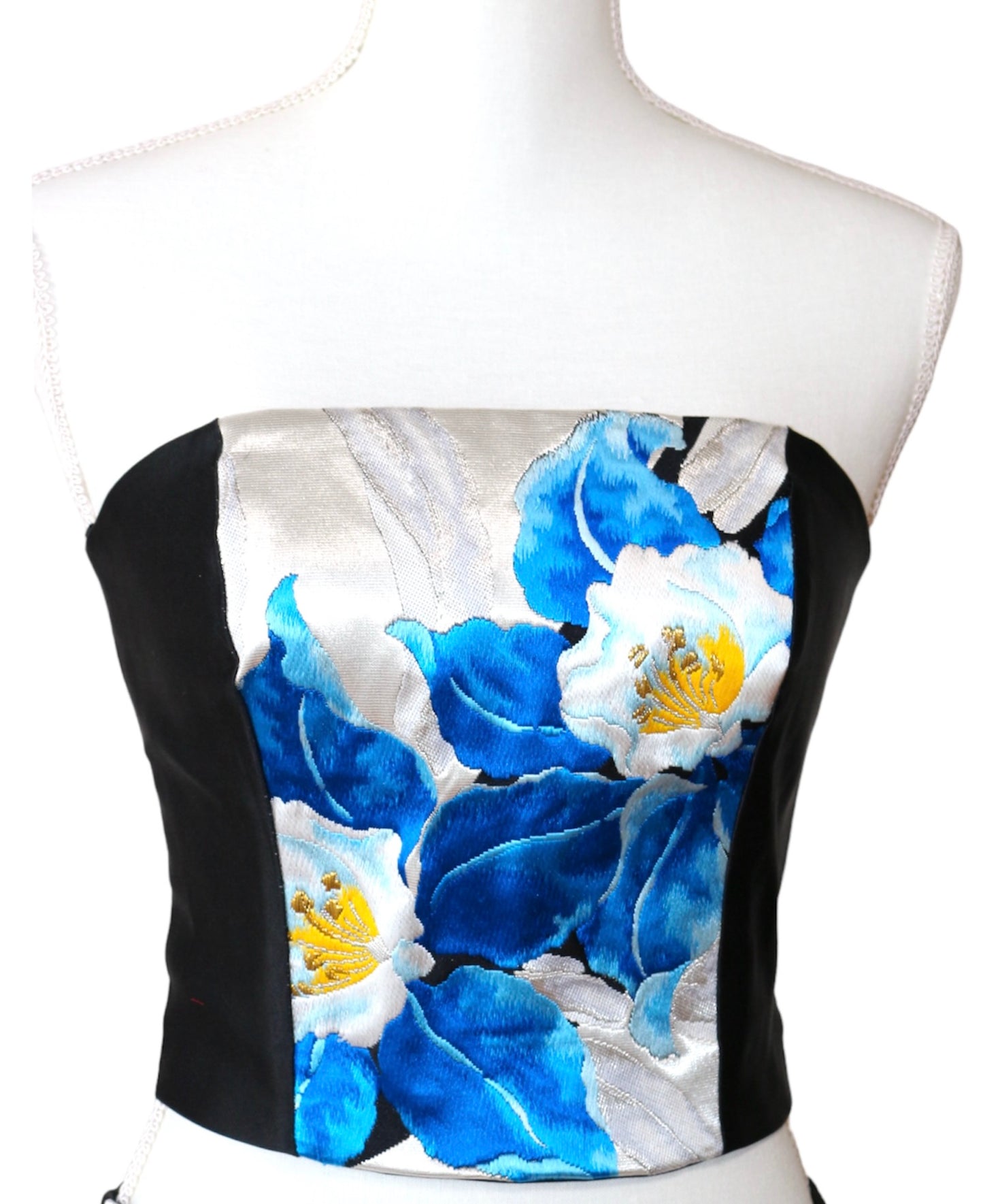 Corset and Mini Skirt Set upcycled from Vintage Japanese Kimono Obi  "Blue poppies"