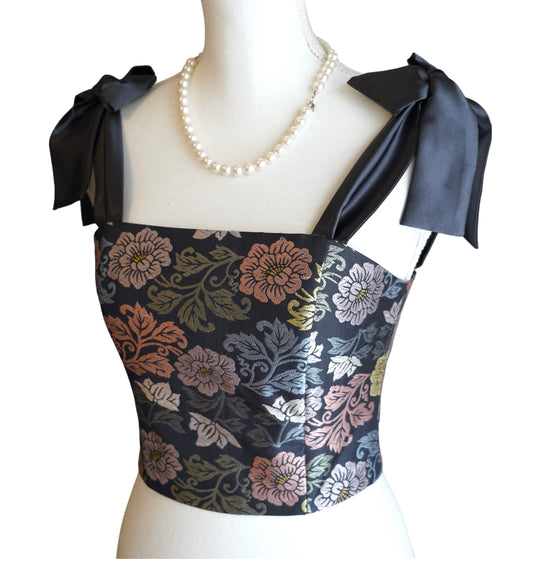 Corset upcycled from Vintage Japanese Kimono Obi "Embroidered flowers"